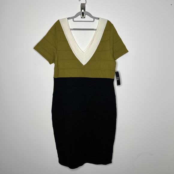 New York & Co Knit Dress Womens 2XL Green Black Colorblock Deep V Short Sleeve - Picture 13 of 13